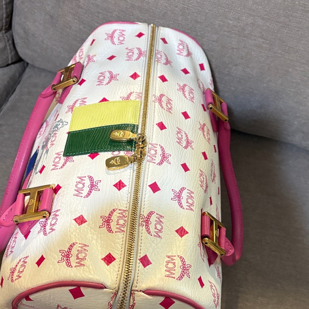MCM White Satchel with Pink Handles and Multicolor Stripe - Picture 6 of 10